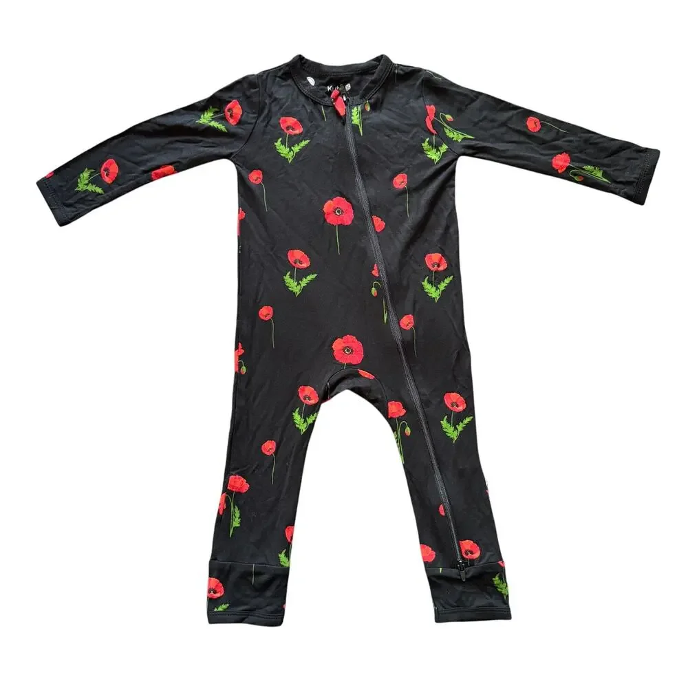 NWOT KYTE Baby Zippered Romper in Midnight Poppies Black Bamboo Size 12 Months